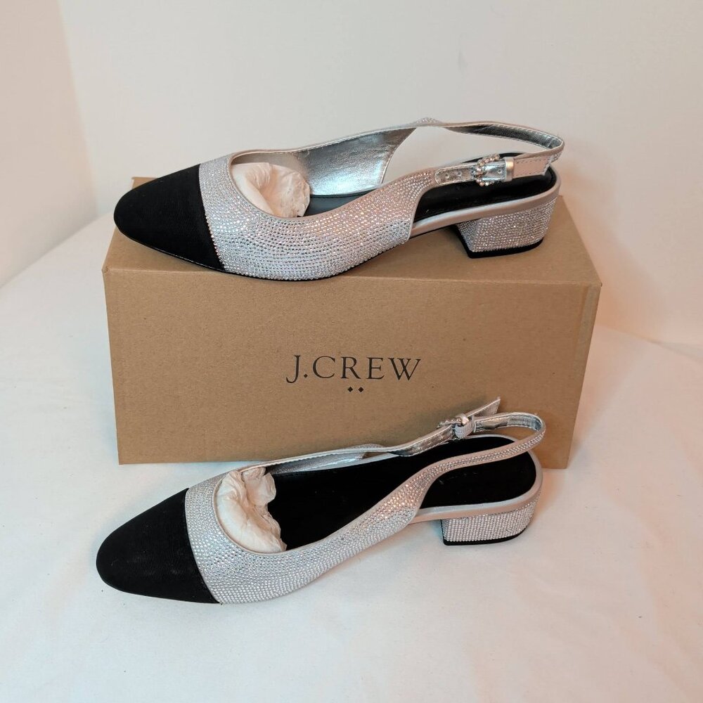 J. Crew Silver Rhinestone Low Heel Cap-Toe Slingbacks